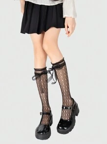ROMWE Goth 1 双女式可爱、基本款、Y2K、蕾丝、网眼、蝴蝶结、荷叶边/褶边洛丽塔蝴蝶渔网中筒袜，适合休闲、派对、学校 - 黑色 - 查看 5