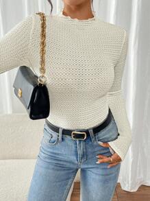 SHEIN Frenchy Women Casual Solid Color Textured Fitted Long Sleeve T-Shirt, Autumn