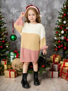 年轻女孩粉白杏色拼色圆领宽松休闲毛衣长裙，适合秋冬季，非常适合秋冬季休闲日常穿着和学校日常穿着，适合圣诞节、女孩冬装、圣诞服装、派对服装、日常穿着、学校日常穿着、生日服装、公主服装、妈妈和女儿和姐妹搭配、情人节 - 粉色 - 查看 4