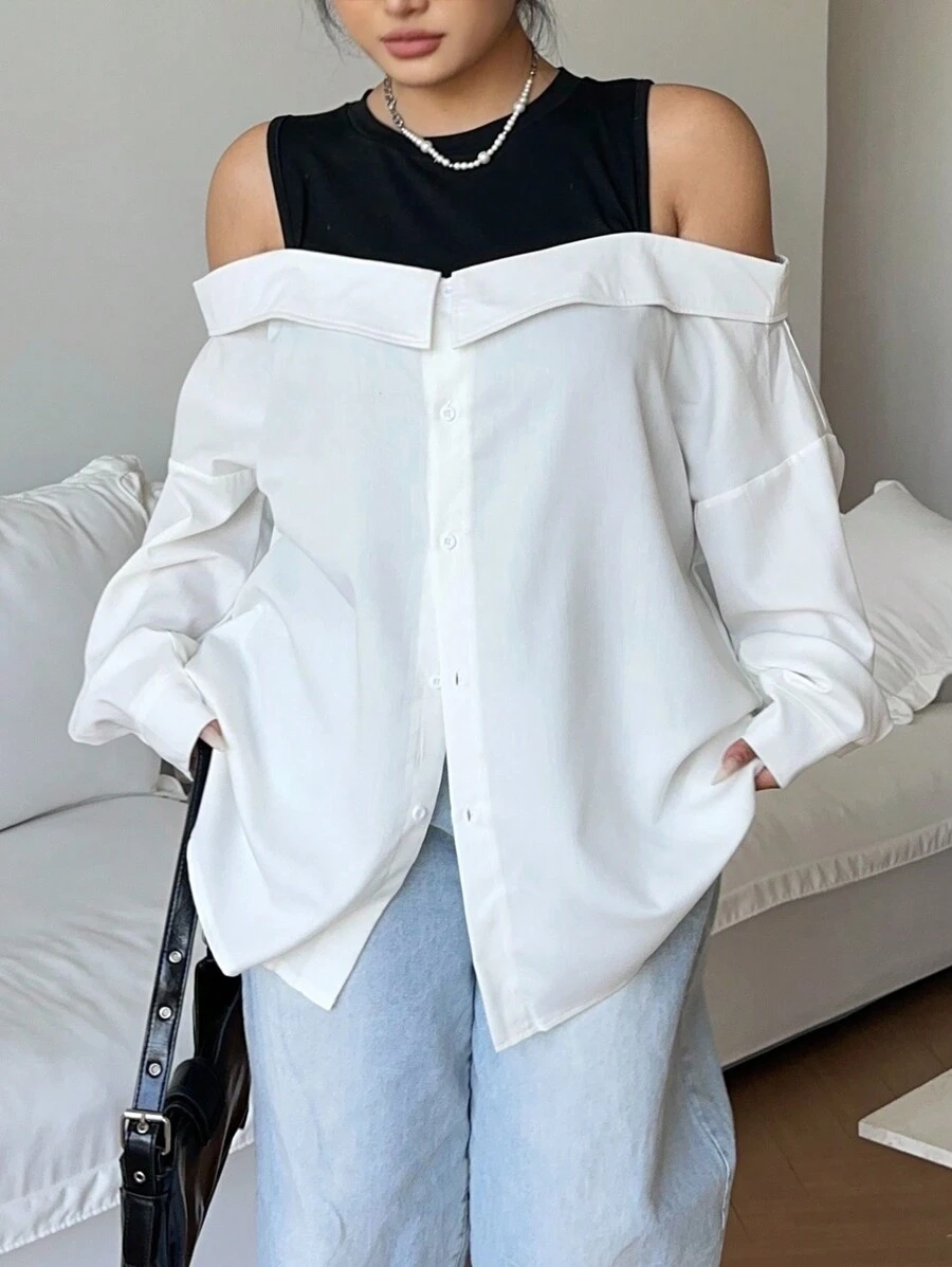 POPSWAY Áo thun 2 trong 1 thiết kế ve trễ vai và áo vest co giãn cỡ lớn dành cho nữ - Đen và trắng - Xem 1