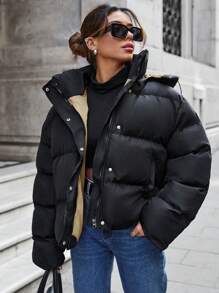 EURMUSE Coat With Zipper, Hood, Puffer Thick, Double Faced - Krem - View 1