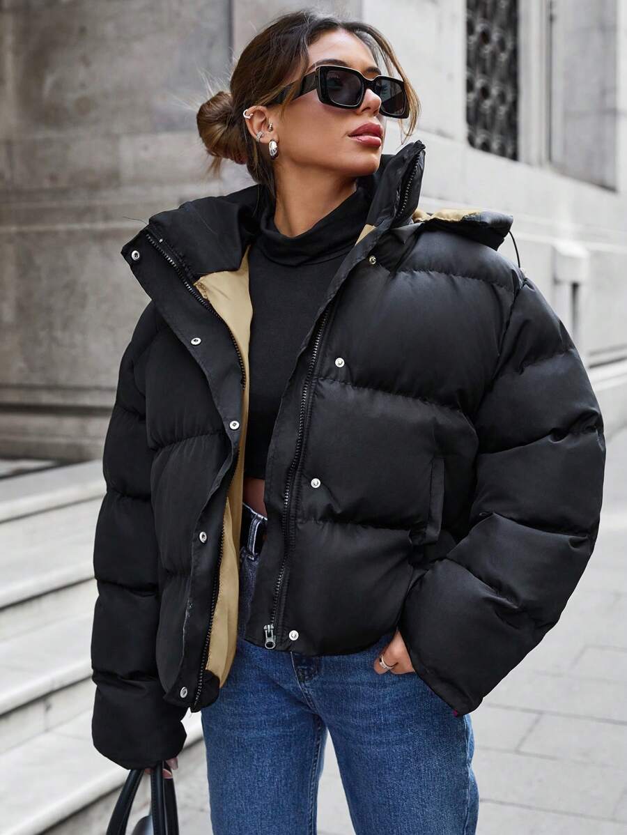 EURMUSE Coat With Zipper, Hood, Puffer Thick, Double Faced - Krem - View 1