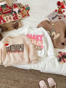 SHEIN Baby Mädchen 3 Stück/Set Weihnachten, burgunderrotes leopardenmuster Herz Grafik dickwandiges, thermisch gefüttertes langärmliges Sweatshirt, Herbst/Winter Kleidung - Verschiedenfarbig - Übersicht 1