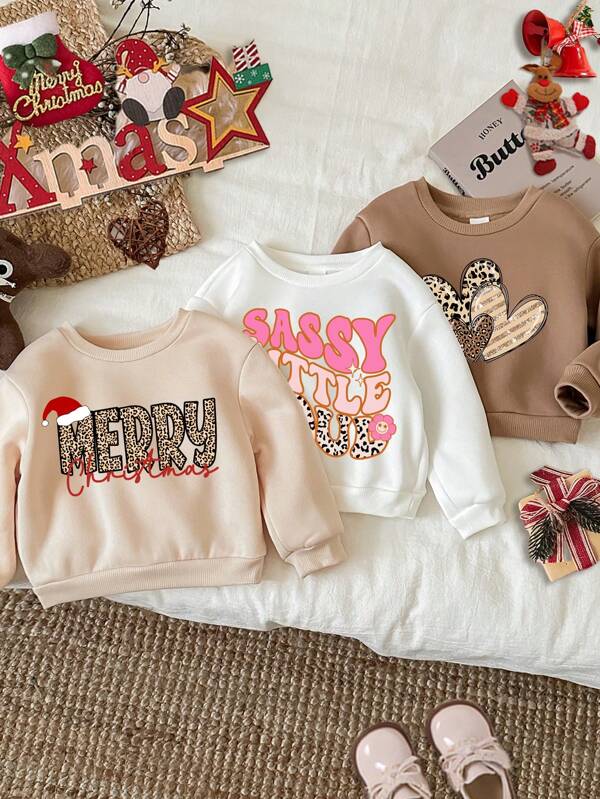 SHEIN Babymeisje 3 stuks/set Kerstmis, kastanjebruine kleur luipaard hart grafische dikke thermische gevoerde lange mouw sweatshirt, herfst/winter herfstkleding
