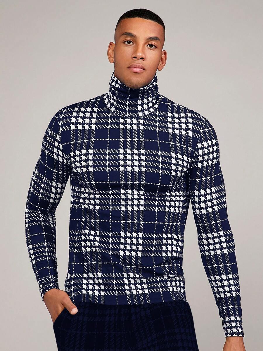 Manfinity VCAY 男士休闲千鸟格印花高领针织毛衣，秋冬 - 藏蓝色 - 查看 1