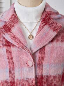 青少年女孩正面纽扣长袖格子简约上衣和裙子休闲两件套，圣诞节