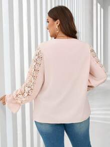 SHEIN Clasi 1 Stück Damen Große Größen Einfarbige Bluse mit Spitzeneinsatz, eleganter Langarm-Look, Herbst/Winter - Khaki - Übersicht 2