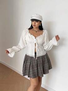 POPSWAY Blusa/camisa elegante y de moda para mujer con cuello cuadrado, mangas farol, cintura con volantes, detalles de encaje en contraste y cierre delantero de lazo, versátil para combinar en días festivos