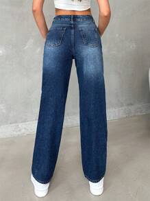 SHEIN Cottnline HIGH RISE STRAIGHT LEG BLUE JEANS - Medium Wash - View 2