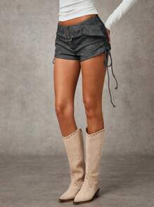 SHEIN BAE Women's Fashion Elastic Waist Buttoned Eyelet Detail Side Tie Shorts - Dark Grey - View 4