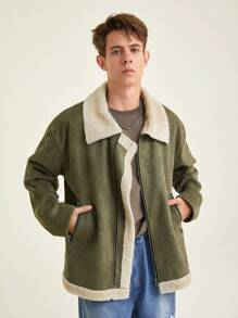 青少年男孩休闲酷炫雪山印花舒适长袖连帽毛绒夹克 - 軍綠色 - 查看 10