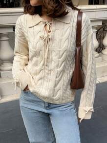 SHEIN Frenchy Women Solid Color Front Tie Cable Casual Versatile Long Sleeve Sweater