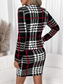 SHEIN Clasi Veste et jupe à carreaux classique pour femmes, ensemble de 2 pièces. Tenue de bureau élégante et tenues décontractées pour l'automne/l'hiver