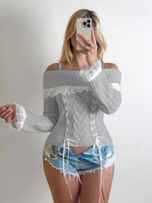 EgrlEra Blusa casual con mangas largas, hombros abiertos y encaje, conjunto de estilo Y2K para mujer