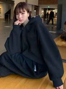 DAZY 女士刺绣图案纯色连帽拉链运动衫，秋季服装 - 藏蓝色 - 查看 5