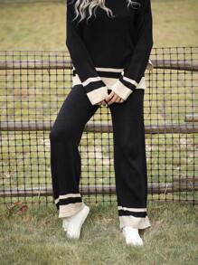 LanaWest Women Casual Daily Color Block Knit Sweater And Pants Set, Autumn/Winter Fall Cloth For Women