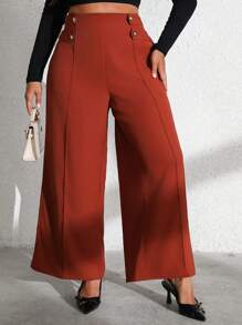 Flirla Pantalones de pierna ancha de oficina elegantes de doble botonadura de unicolor talla grande - Óxido marrón - Ver 3