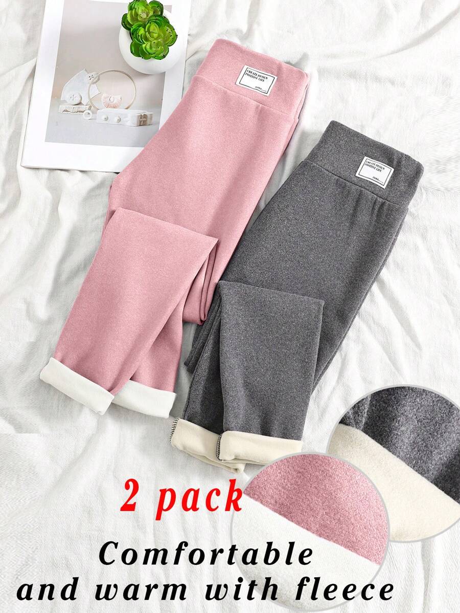 SHEIN Conjunto de dos piezas para niña preadolescente con malla térmica ajustada y decoración de parche en la cintura - Rosa Pálido - Ver 1