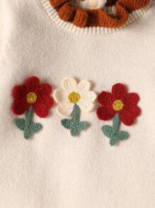 SHEIN Vintaside Kids 女婴时尚可爱百搭针织连体衣，秋冬新品。手工制作的 3D 花卉装饰，撞色荷叶边领，特殊撞色花卉袖口，后背按扣方便穿着，柔软面料。浅桃色调，北欧风格，自然甜美。桃色和棕色的对比色充满田园甜美和优雅。 - 彩色 - 查看 7