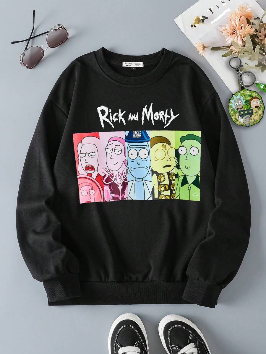 Rick and Morty X SHEIN Women Casual Cartoon Character & Letter Print Drop Shoulder Loose Fit Black Sweatshirt, Suitable For Spring And Autumn