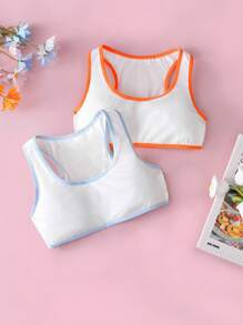 Set de 2 piezas de ropa interior informal y sencilla con bloques de color para niñas - Blanco - Ver 1