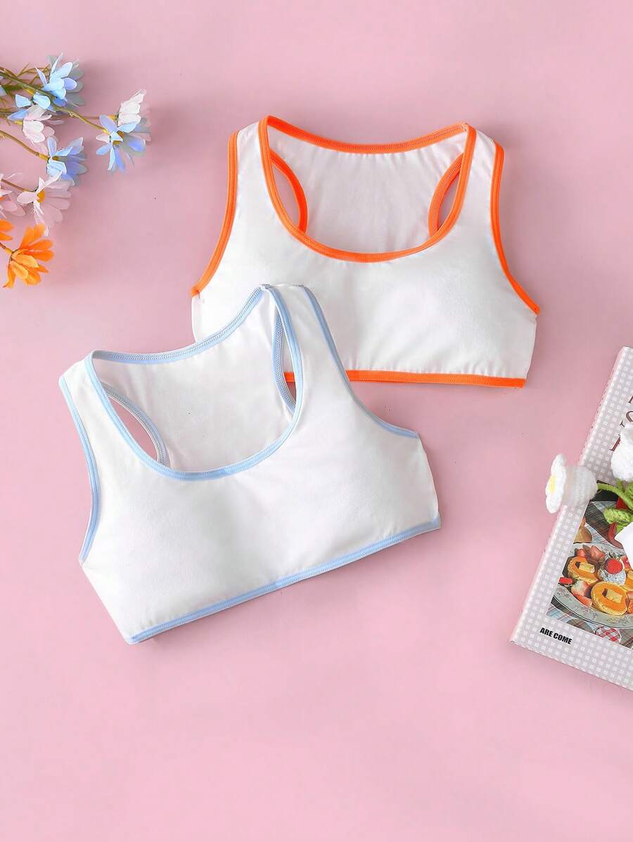 Set de 2 piezas de ropa interior informal y sencilla con bloques de color para niñas - Blanco - Ver 1