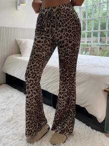 SHEIN EZwear Women's Leopard Print Flared Leg Pants With Tie Waist - Khaki - View 4