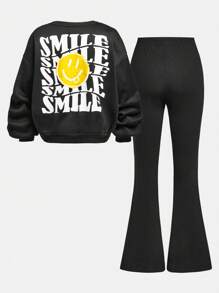 SHEIN Leap Crew Áo nỉ dài tay dáng rộng thả vai thời trang mùa thu đông cho bé gái tuổi mới lớn in khẩu hiệu ấm áp ấm áp giải trí mùa thu đông - màu đen - Xem 1