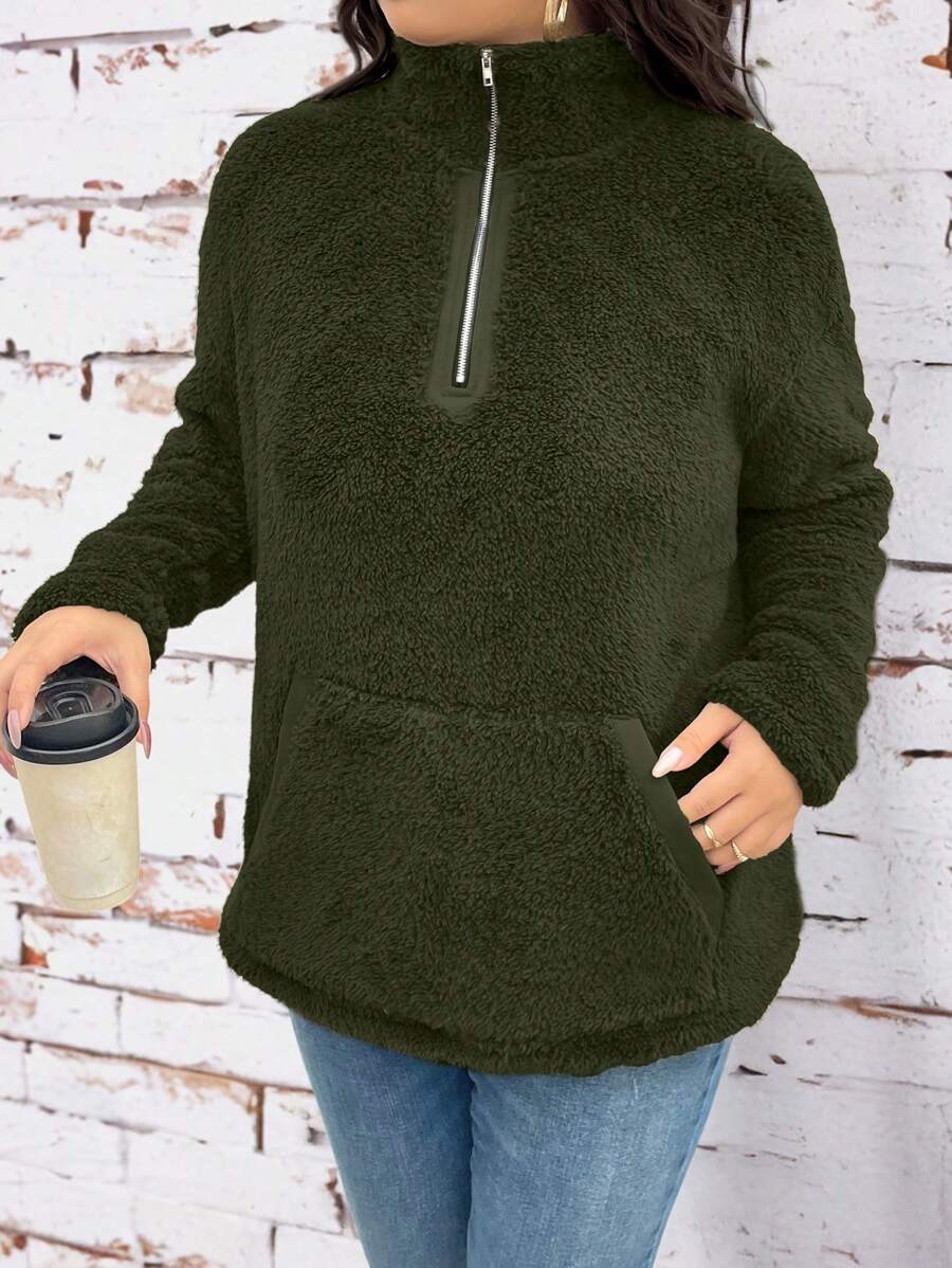 SHEIN LUNE Plus Size Casual Solid Color Fluffy Stand Collar Top, Autumn/Winter - Green - View 1