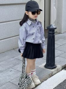 Dazy Kids Young Girl Butterfly Print Long Sleeve Single-Breasted Casual/Business Shirt, Autumn