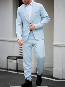 Manfinity Mode Bộ đồ vest nam 2 món thường ngày, áo khoác kèm quần, cổ khăn choàng màu trơn, tay dài, mùa thu - Màu xanh nhạt - Xem 6