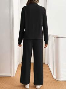 SHEIN LUNE 2 件套女士休闲拉链纹理长袖套装，舒适秋冬季 - 黑色 - 查看 2