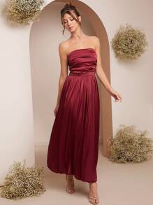L'Amorae Robe bandeau élégante plissée de couleur unie pour femme, modèle d'été - Rouge - Voir 1