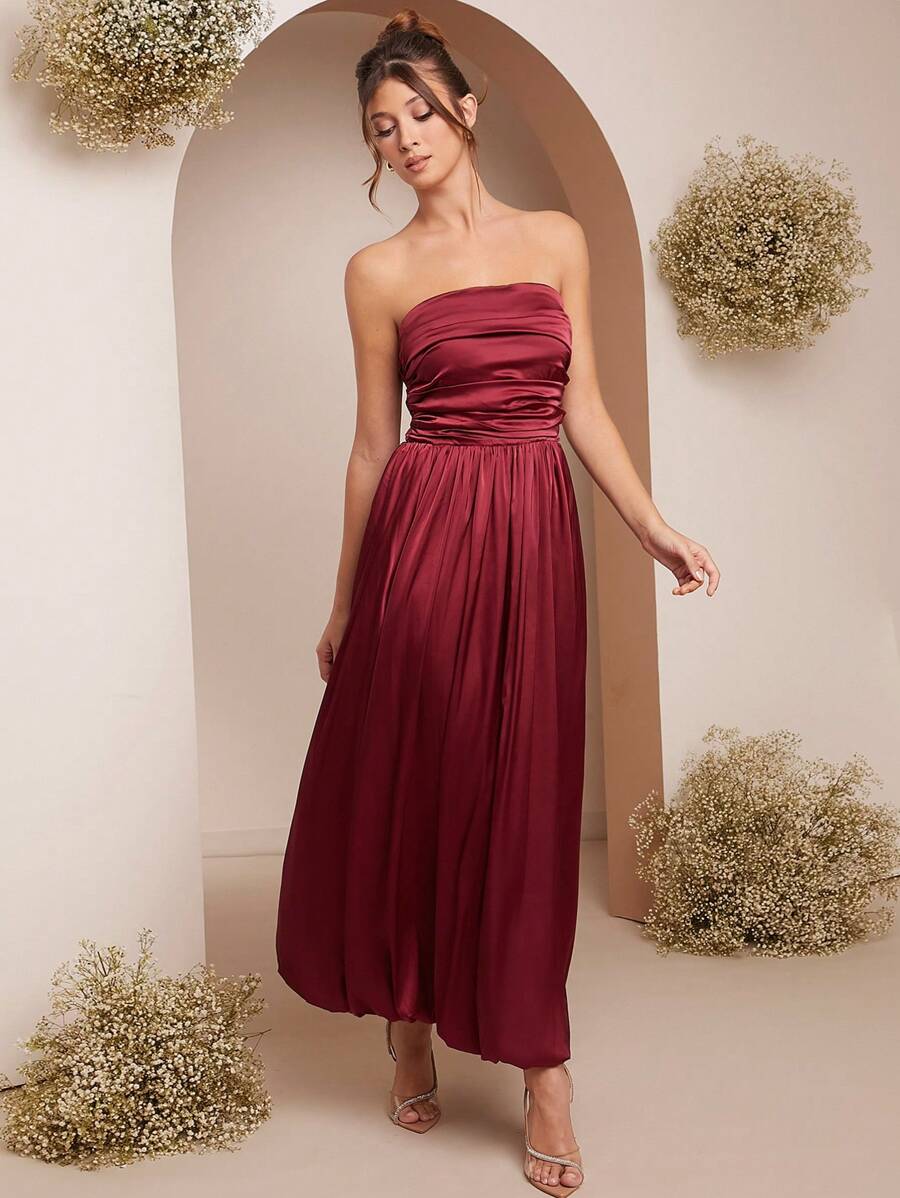 L'Amorae Robe bandeau élégante plissée de couleur unie pour femme, modèle d'été - Rouge - Voir 1