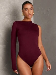 SHEIN BAE 1 件女式纯黑色性感休闲简约单肩露背长袖紧身衣/紧身衣，适合夜间外出、派对、约会