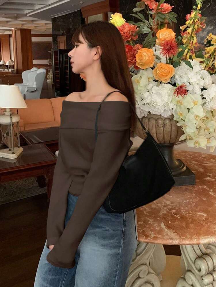 Women's Solid Color Open Shoulder Off Shoulder Knit T-Shirt, Coffee Brown, Spring/Summer/Autumn Long Sleeve Women Tops,Fall Women Clothes