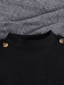 SHEIN Leap Crew 2 件套 青少年女孩宽松舒适简约休闲立领荷叶边 T 恤和裤子套装 - 黑色 - 查看 3