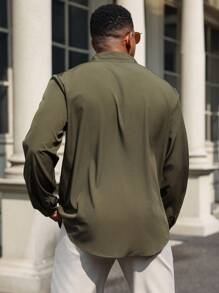 Manfinity Homme Plus Size Men's Solid Color Long Sleeve Casual Shirt For Autumn - Army Green - View 2