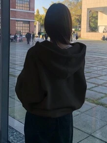 DAZY Women Embroidered Pattern Solid Color Hooded Zip-Up Sweatshirt - Black - View 2