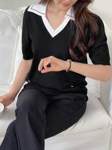 DAZY Women Casual Contrast V-Neck Puff Sleeve Knit Pullover - Black - View 4