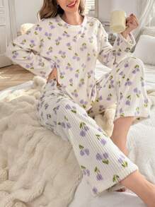 Floral Print Fleece Pullover Dames Pyjama Set