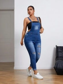 SHEIN LUNE Plus Ripped Roll Up Hem Denim Overalls Without Tank Top