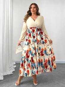 Flirla Plus Size Cross V-Neck Puff Sleeve Knitted Patchwork Print Dress - Multicolor - View 6