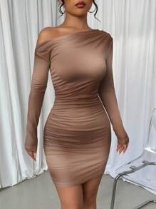 Chiquease Smudge Print Asymmetrical Neck Pleated Long Sleeve Dress - Brown - View 6