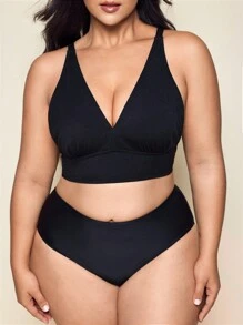 SHEIN Swim Plus Size V-Neck Simple Swimwear Top, For Everyday Wear Summer