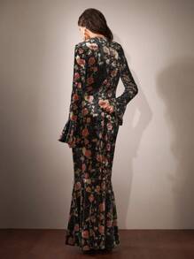 Anewsta Váy dài tay đuôi cá nhung in hoa hồng cho nữ Maxi Outfit - màu đen - Xem 2
