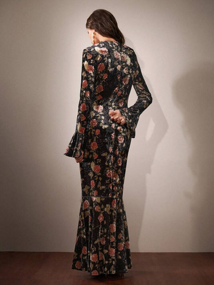Rose Flower Print Velvet Fishtail Long Sleeve Dress For Women Maxi Women Outfit