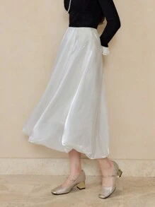 EastFlair 女士优雅亮面半身裙，简约设计，适合秋季 - 奶油色 - 查看 6