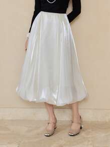 EastFlair 女士优雅亮面半身裙，简约设计，适合秋季 - 奶油色 - 查看 7