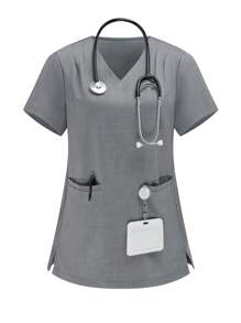 Scrubzie Solid Color V-Neck Short Sleeve Top With Pockets And Elastic Waist Pants Scrub Uniform Set